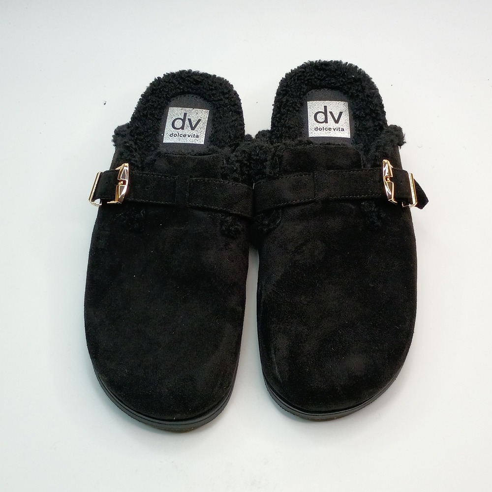 DV Dolce Vita Black Faux Suede Clogs Women Size 9 Shearling Lined Buckle Mules - Picture 3 of 10